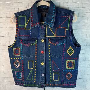 Life style Women's embroidered beaded denim vest pockets 90s vintage colorful